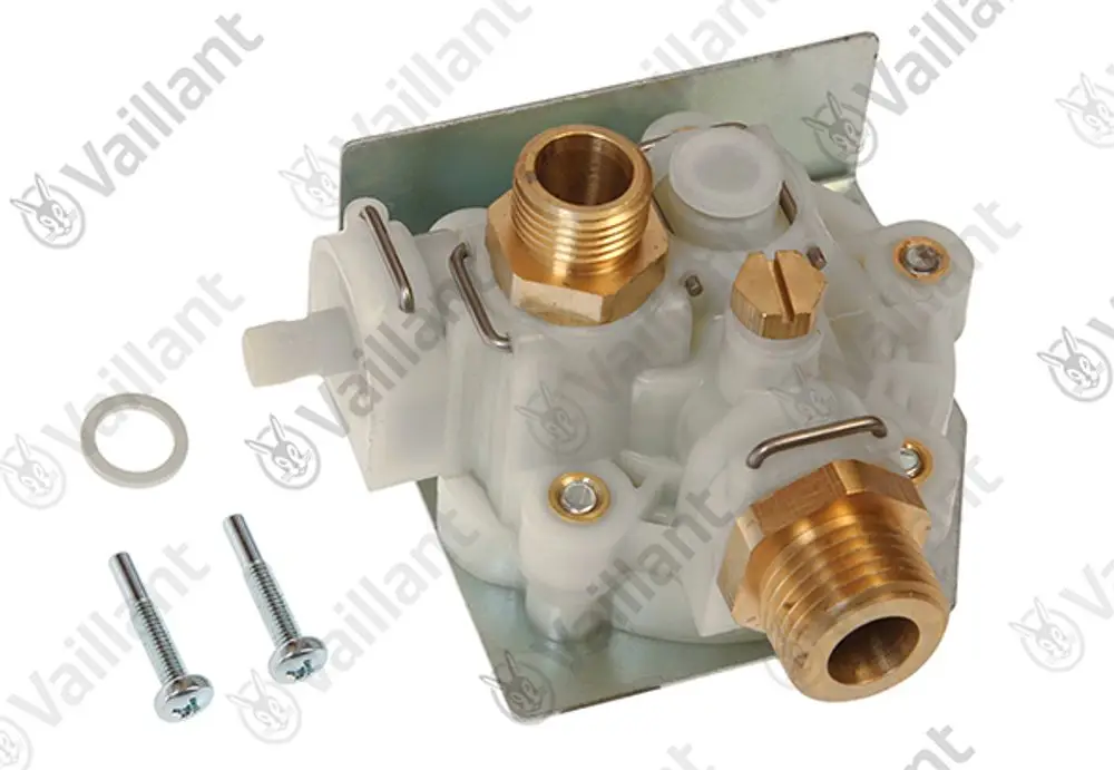 Vaillant Wasserschalter mit Metallanschlüssen und Halter, umgeben von zwei Schrauben und einer Dichtung.